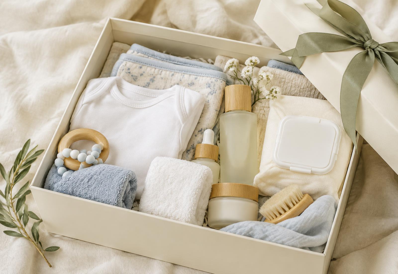 A Baby Basics Box tied with a sage ribbon, filled with baby essentials